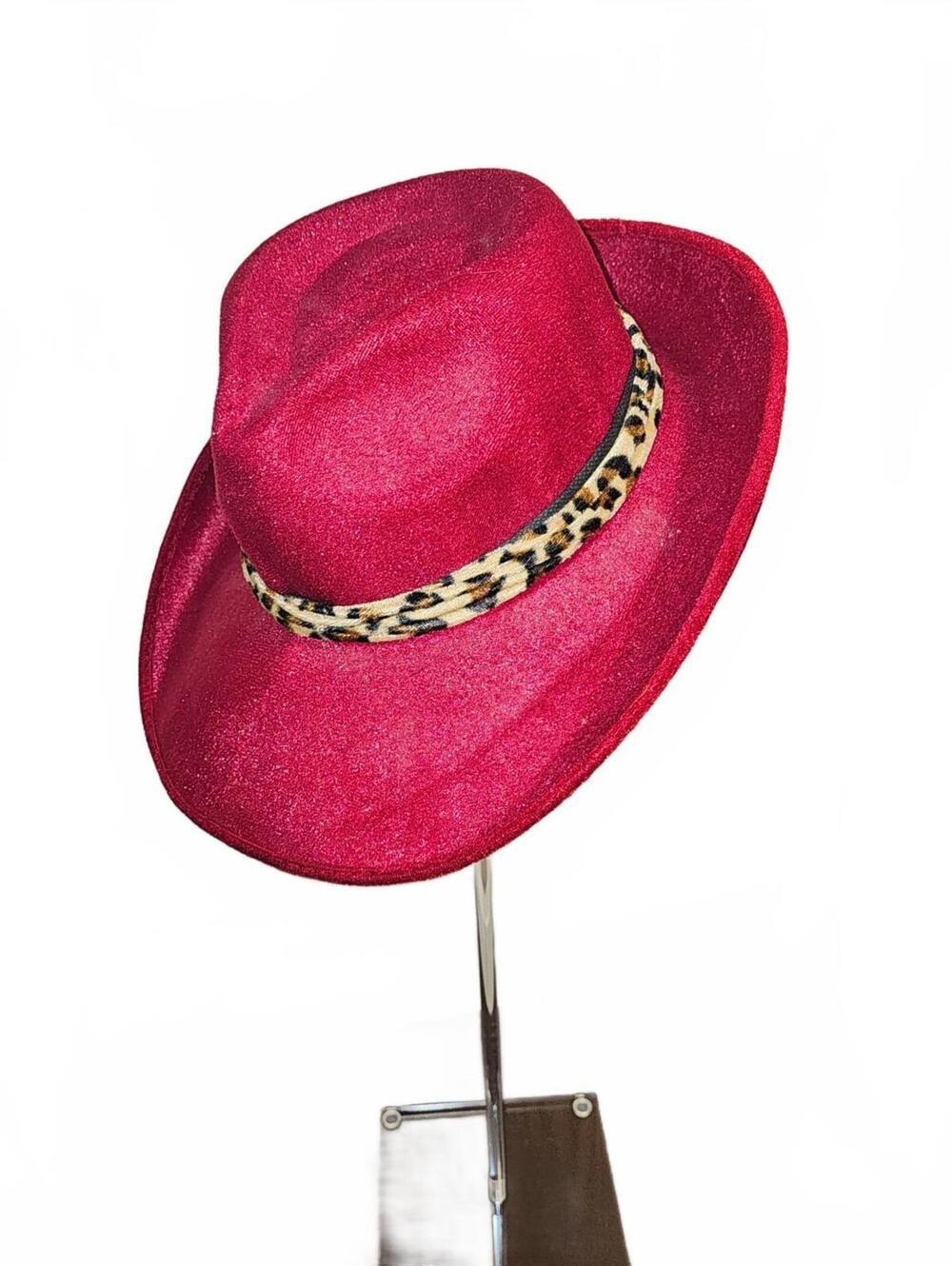 Red glitter fedora with leopard band